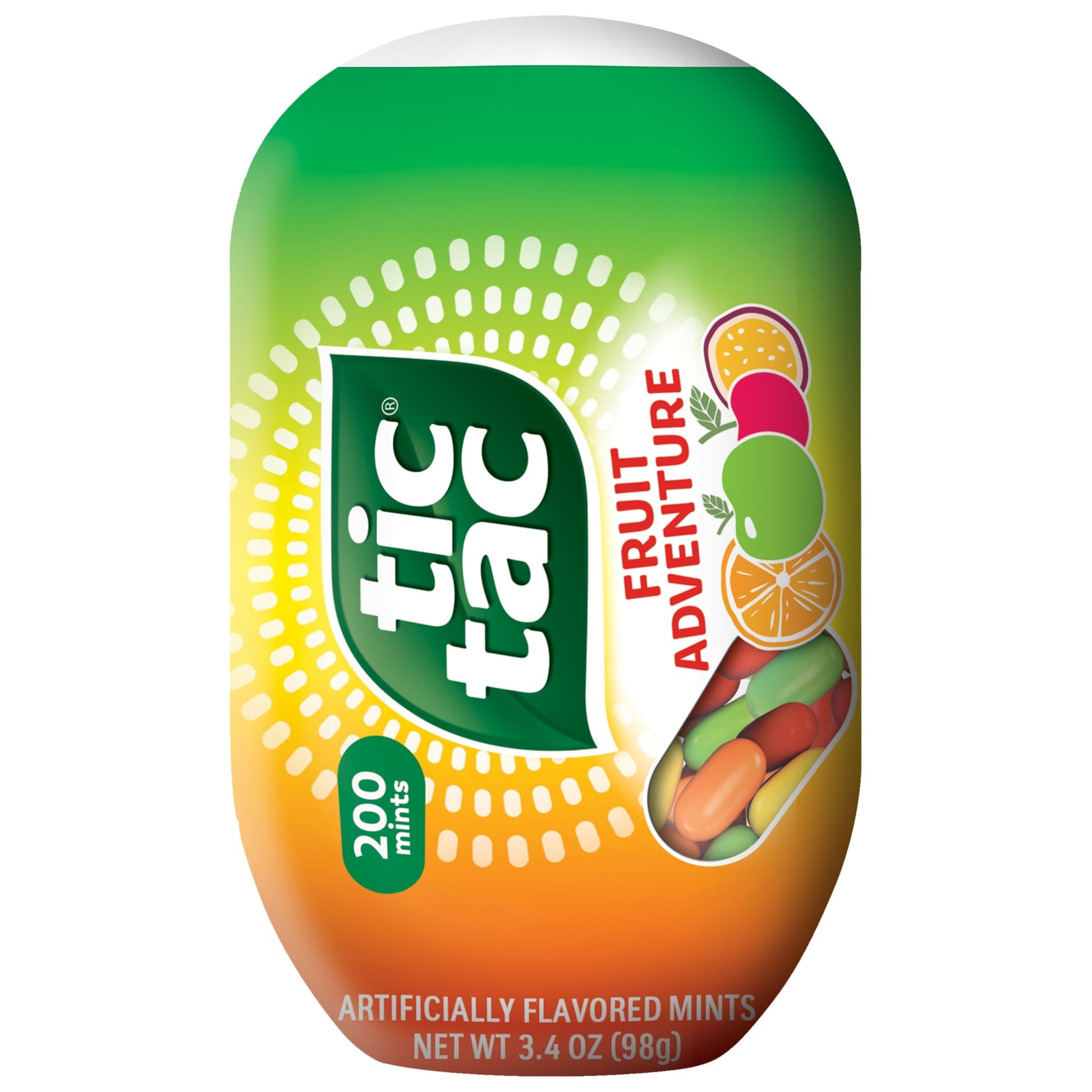 Enjoy the taste of Tic Tac Fruit Adventure mints. Each 3.4-ounce pack is filled with delicious mints ready to boost your confidence and refresh your day. Enjoy 100 layers of satisfying and delicious flavor in each mint in this pack of Tic Tac Fruit Adventure mints. The portable pack fits perfectly in your pocket or purse for on-the-go sharing. These gluten-free mints are satisfying and GMO-free. Whether you enjoy one or the whole pack, you've got a variety of flavors and sizes to choose from. Tic Tac Fruit 