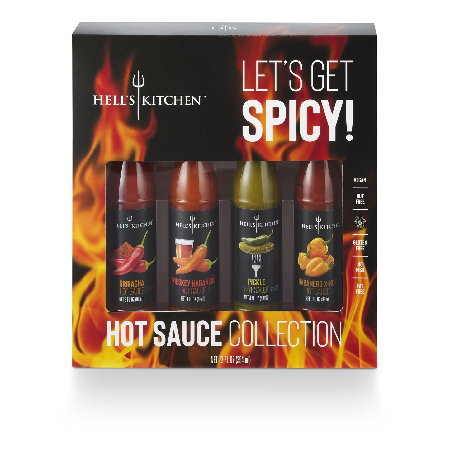 The Hell's Kitchen Hot Sauce Collection features 4 ways to bring the heat. Test out the Sriracha, Whiskey Habanero, Pickle, and Habanero X-Hot, to discover your favorite way to spice things up.