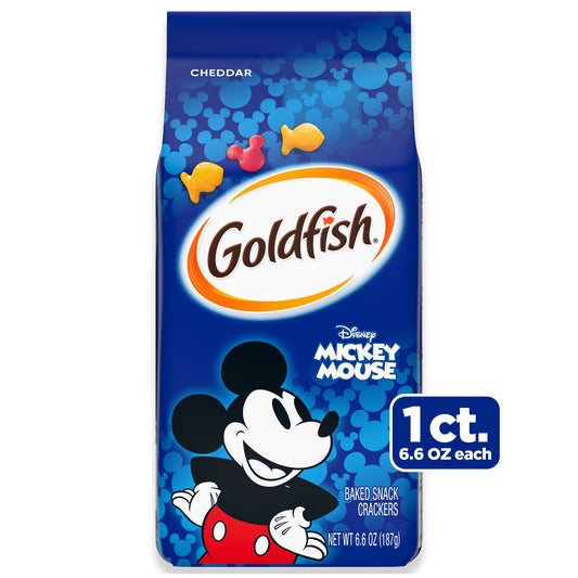 A special twist on the irresistible little snack that always delights! The whole family will have fun have snacking on Goldfish Disney Mickey Mouse Cheddar cheese crackers, with a mix of classic Goldfish and red Mickey shapes. They’re baked with 100% real Cheddar cheese and made with colors sourced from plants. Talk about a feel-good snack! These Mickey Mouse-inspired snack crackers are as fun as it gets. And they make the perfect anytime snack - after school, on the weekends or whenever you just spend time