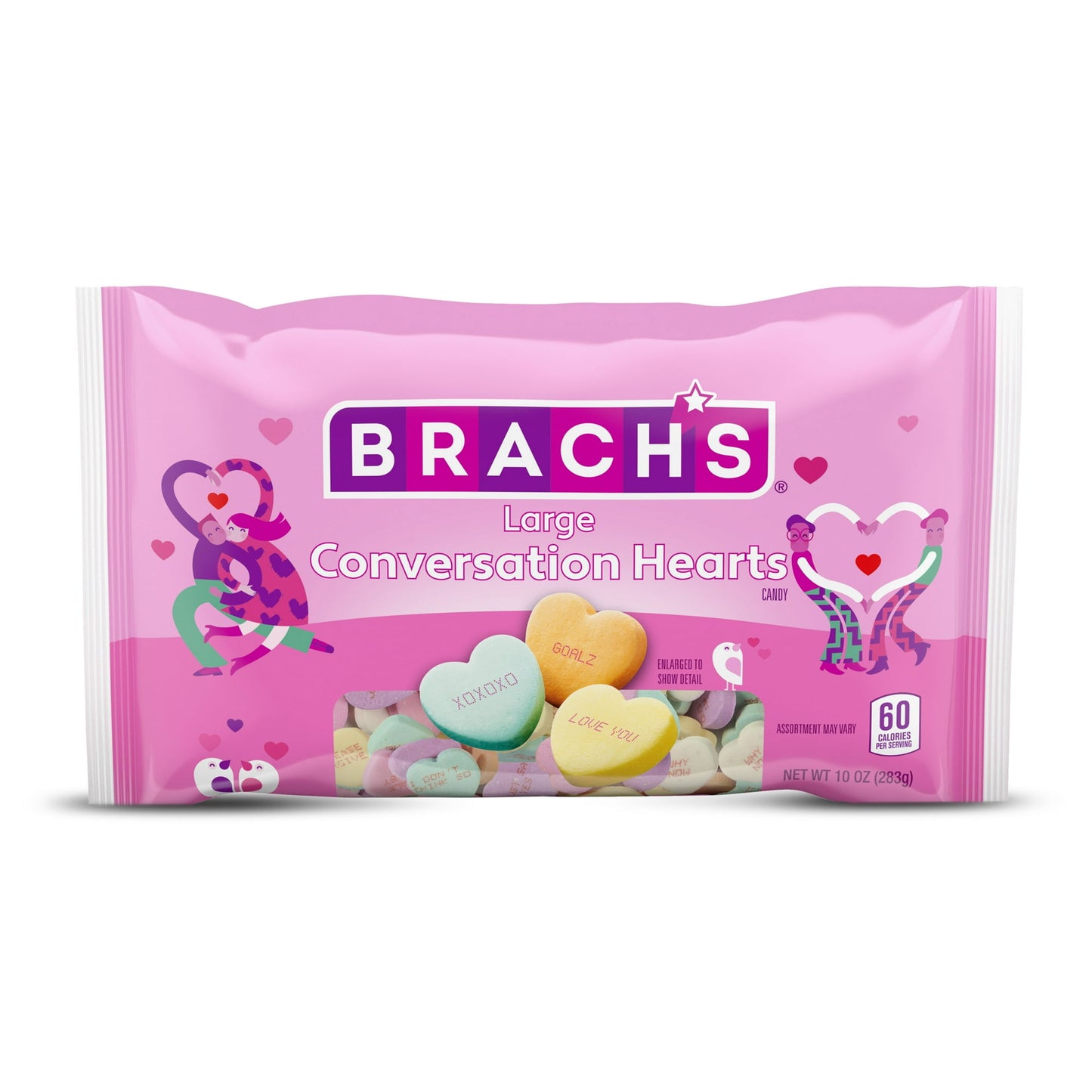 Conversation hearts are the iconic Valentine’s Day confection, but getting your message across on such a tiny treat can be hard! Brach’s Large Conversation Hearts are a bigger version of those classic candies, making them easier to read and full of even more sugary goodness. Now you won’t have to go through boxes and boxes of little hearts to satisfy your sweet tooth, a few of these jumbo hearts will do the trick, and you’ll have plenty left to share the love! 10-oz. bag contains about 95 pieces.