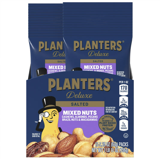 PLANTERS Deluxe Mixed Nuts Bag With Macadamia Nuts are a tasty on-the-go snack with the crunchy texture you love. A blend of cashews, almonds, Brazil nuts, pecans and macadamias, these hearty mixed nuts with no peanuts wont let you down when you crave a rich nutty treat. This snack size bag of mixed nuts is a win-win because its easily portable and the roasted mixed nuts have delicious flavor. Roasted in peanut oil and seasoned with salt, these Kosher nuts deliver irresistible crispiness, and the airtight b