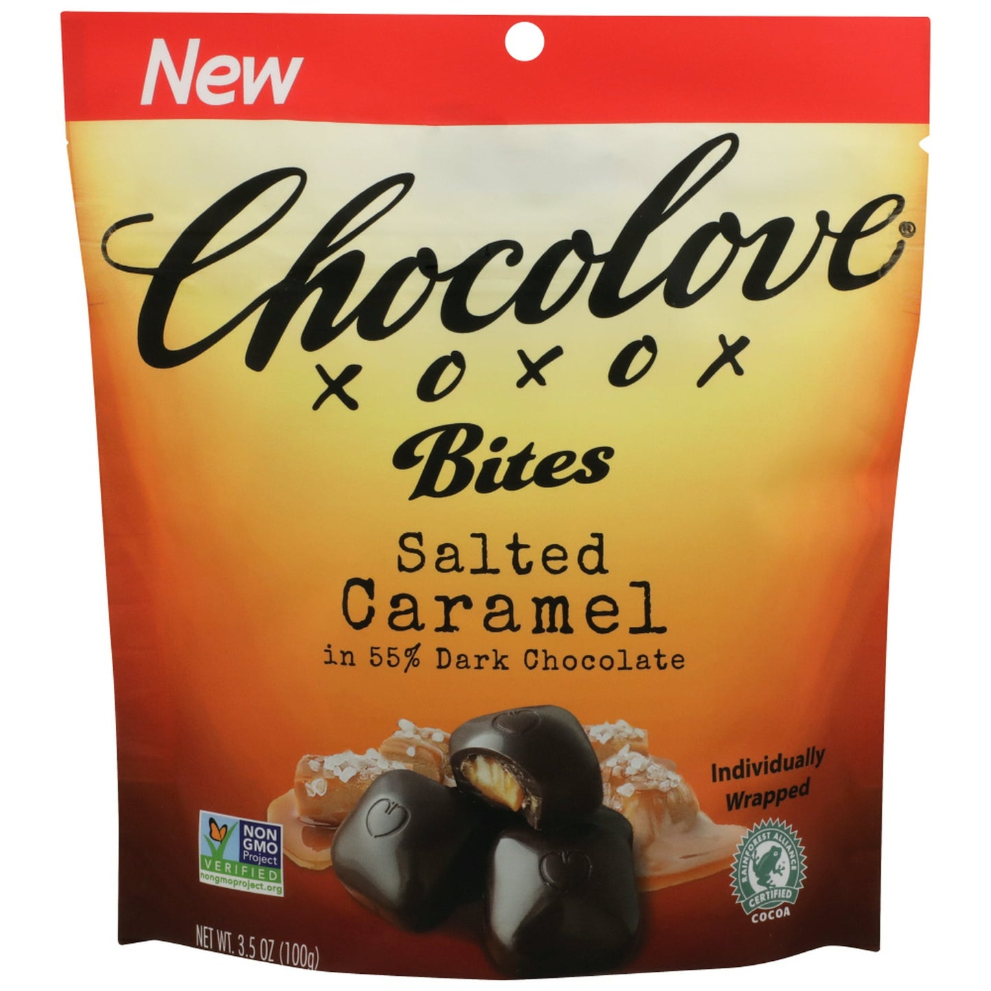 Salted caramel in premium Belgian dark chocolate. 55% Cocoa. Classic European chocolate gives way to premium sweet and salty caramel filling. Now in snackable and sharable bite form! Each tasty bite is individually wrapped.