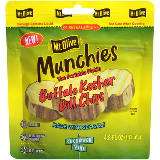 At Mt. Olive we think our pickles are the perfect snacking option, especially our 11.8 oz Munchies Buffalo Kosher Dill Pickle Chips in our resealable pickle pouch. These delicious pickle chips pack a lot of flavor and are the perfect treat when you want something with a little kick to eat. We think that anytime is the perfect time to enjoy good wholesome Mt. Olive pickles. We designed our resealable pickle pouch to give you the ability to take your favorite flavor along with you no matter where your day tak