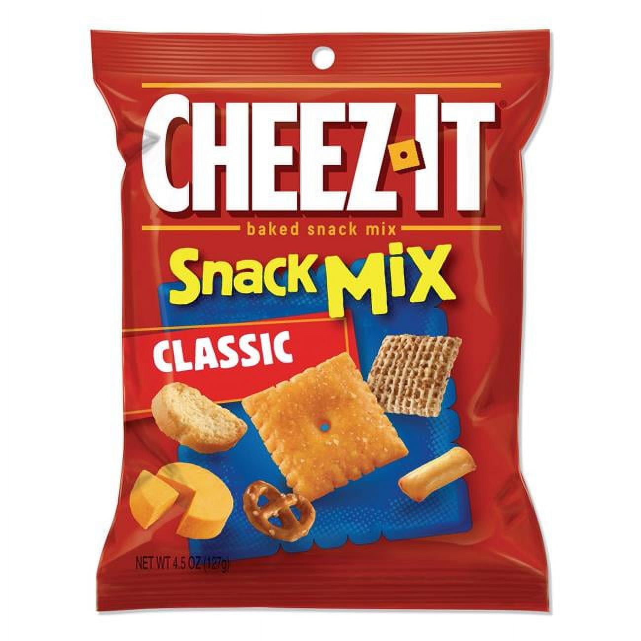 Cravable assortment of salty snacks combined with Cheez-it Original crackers delivering a satisfying salty snacking solution for any meal time treat. • Assortment of Cheez-it crackers with other salty, crunchy, flavorful snack items in one pouch. • 4.5 ounces per bag. • Contains wheat, milk and soy. In 1921, Cheez It pioneered the perfect cheesy, square snack for any occasionand millions of people agreed. Although a few things have changed over the past 90 years, Cheez It has kept its fans "sayin cheese" by