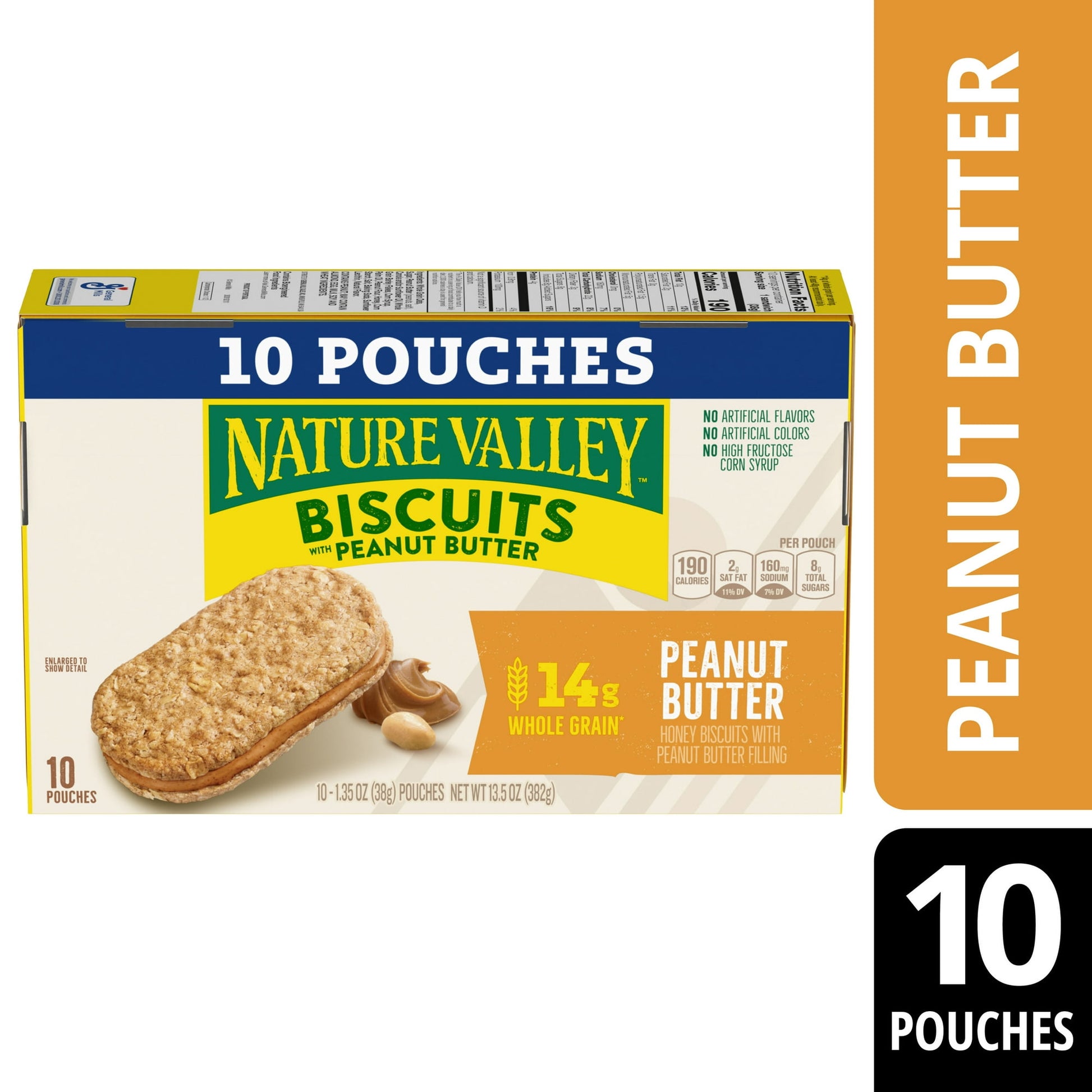 Crispy. Creamy. Gone. Nature Valley Peanut Butter Biscuit Sandwiches are made with whole grain oats and topped with creamy peanut butter for a tasty on-the-go snack. Make Nature Valley Biscuit Sandwiches your go-to for an easy breakfast snack or anytime bite. They're made with no high fructose corn syrup and no artificial flavors. Pack portable snack pouches for lunch box treats, the hiking trail or road trip snacks. Or enjoy them as part of an afternoon break. At Nature Valley, we believe that what you put