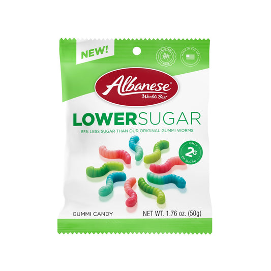 Discover guilt-free indulgence with Albanese World's Best Lower Sugar Gummi Worms! Each 1.76oz pack delivers the same delightful flavor you love, with less sugar. Bursting with vibrant fruity flavors and a satisfyingly chewy texture, these gummi worms are perfect for satisfying your sweet tooth without the guilt. Enjoy them as a tasty treat on the go or share them with friends for a fun, flavorful experience! Regular size peg bag.