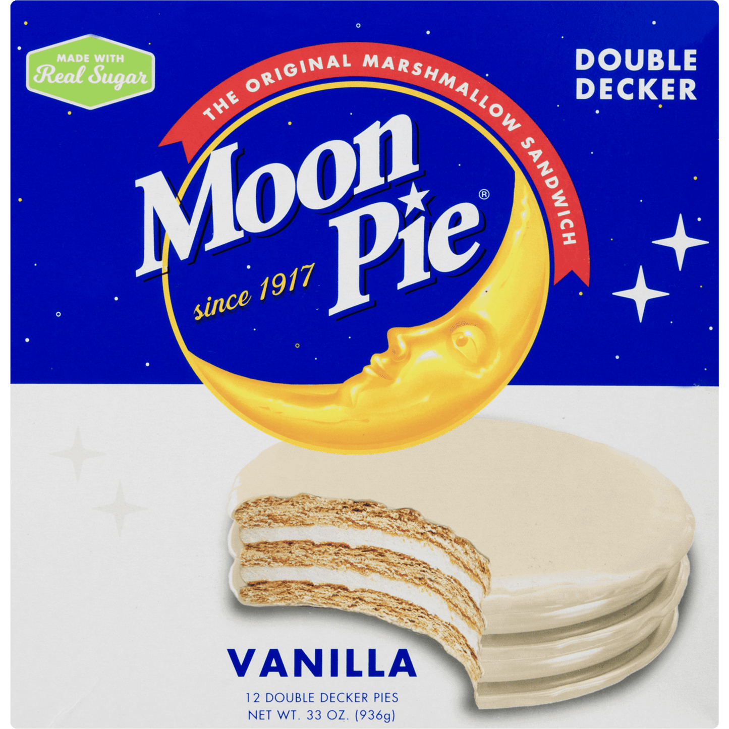 Moon Pie® Double Decker Pies Vanilla. The original marshmallow sandwich. Made with real sugar. No preservatives. The taste that never gets old.