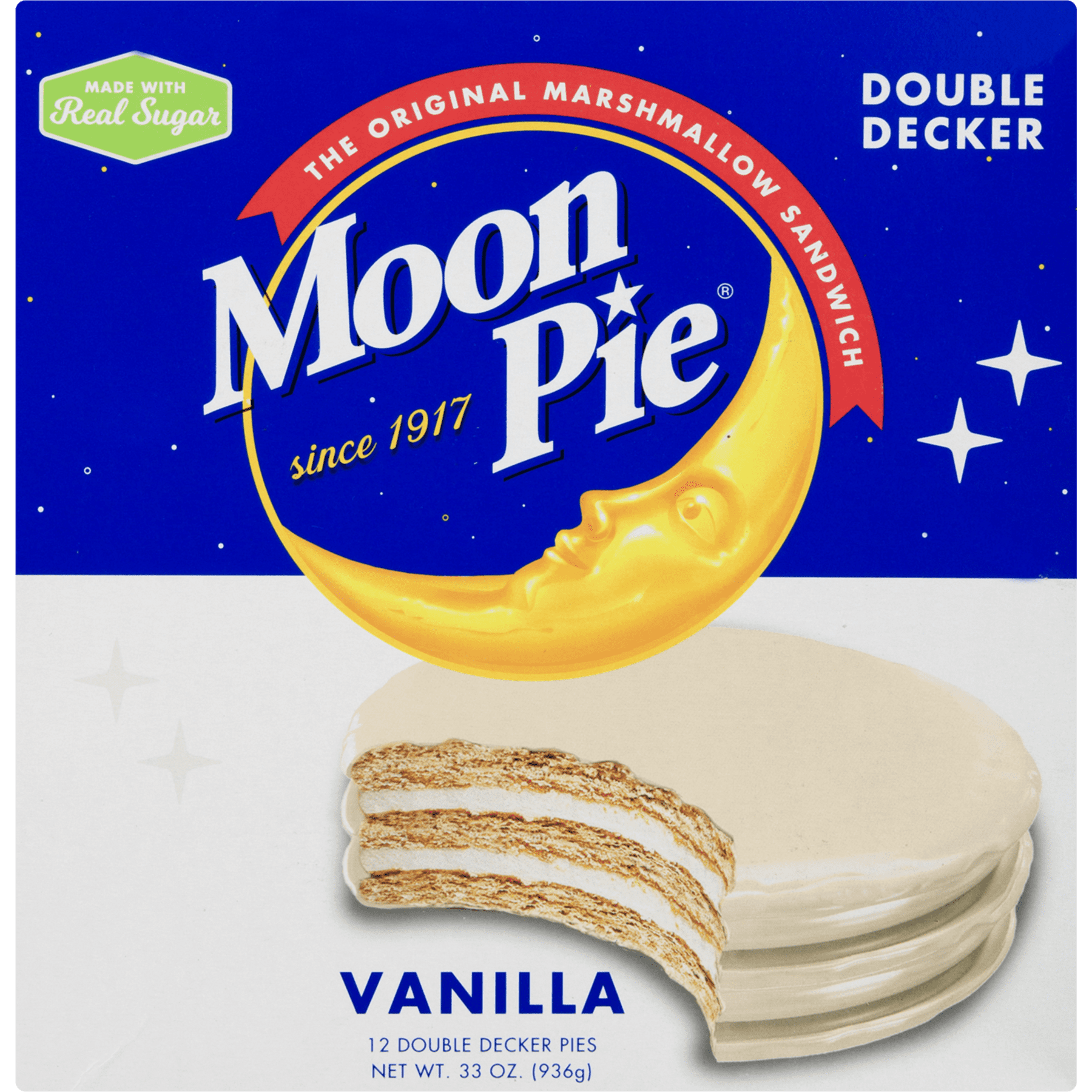 Moon Pie® Double Decker Pies Vanilla. The original marshmallow sandwich. Made with real sugar. No preservatives. The taste that never gets old.