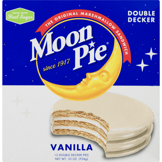 Moon Pie® Double Decker Pies Vanilla. The original marshmallow sandwich. Made with real sugar. No preservatives. The taste that never gets old.