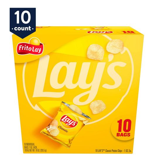 Wherever celebrations and good times happen, the Lay's brand will be there just as it has been for more than 75 years. Lay's Classic Potato Snack Chips, 10 count multipack, features in 1 oz bags. With flavors almost as rich as our history, we have a potato chip or crisp flavor guaranteed to bring a smile on your face. Shelf-Stable / Ambient. Multipack Retail Packaging. Frito-Lay Chips and Snacks. Perfect for on the go snacking and adventures the whole family can enjoy!