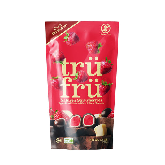 Tru Fru Grab & Go Hyper-Dried Real Strawberries in Dark Chocolate are a delicious and healthy snack made from real, whole strawberries that have been carefully hyper-dried to preserve their flavor and nutrition. These strawberries are coated in rich, dark chocolate, creating a satisfying blend of flavors. The small 2.1 oz package is easy to take with you anywhere. These treats are top-quality and guilt-free, so you can enjoy their delicious and nutritious taste! Regular-Sized Shelf-Stable Pouch