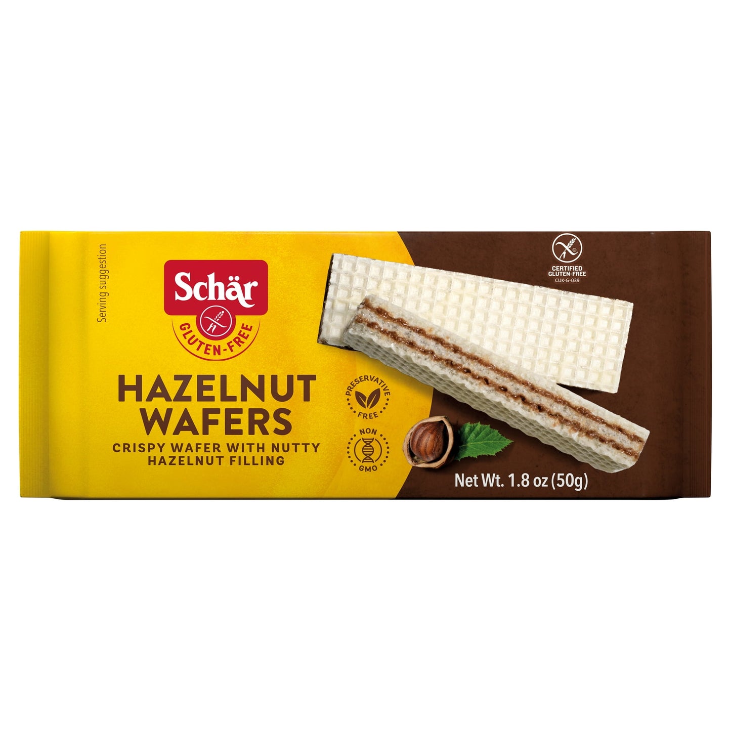 Schar Hazelnut Wafers. Est. 1922. Europe's No 1 Gluten Free. Wheat Free. Indulgence On The Go. Hazelnut Filling. Preservative Free. Crispy Wafer. Sweet Taste of Italy. Certified Gluten Free. Net Wt 1.8 oz (50g). Delight in the crisp, nutty goodness of Schär's Gluten-Free Hazelnut Wafers, a perfect treat for any time of the day. Schar has a long standing legacy of providing consumers a universally carefree and pleasurable dining experience backed by its widening array of gluten-free products. A trusted pione