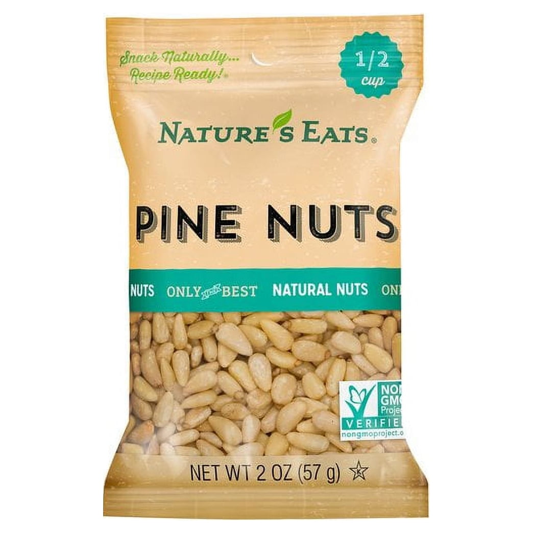 Nature’s Eats Pine Nuts are an amazing source of plant-derived nutrients, essential minerals, antioxidants and vitamins. Pine nuts (also called pignoli nuts) are actually seeds and are rich omega-6 and monounsaturated fatty acids (oleic acid), both of which help lower LDL cholesterol and increase HDL cholesterol and may help prevent heart disease. Pine Nuts are also an excellent source of Vitamin E (a powerful antioxidant), Iron, Magnesium, Manganese, Copper, Niacin and more. Pine nuts are known for their s