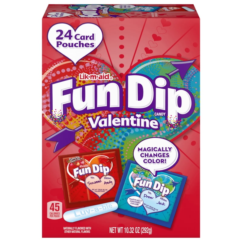 Kids and adults alike will love this Maui Punch Fun Dip Valentine Kit with 24 card pouches in two delicious flavors to share: Cherry Yum Diddly Dip, and the color-changing "Razz-Apple" Magic Dip. This treat is worth taking the time to enjoy, with a sugary sweet powder and a candy stick. Add a personal touch to each pouch with heart-shaped “To” and “From” spaces to write a short, heartfelt note for any Valentine. Snacking on the colorful candy powder in an easy grab-and-go pouch is so much fun, we bet you ca