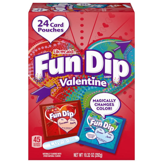 Kids and adults alike will love this Maui Punch Fun Dip Valentine Kit with 24 card pouches in two delicious flavors to share: Cherry Yum Diddly Dip, and the color-changing "Razz-Apple" Magic Dip. This treat is worth taking the time to enjoy, with a sugary sweet powder and a candy stick. Add a personal touch to each pouch with heart-shaped “To” and “From” spaces to write a short, heartfelt note for any Valentine. Snacking on the colorful candy powder in an easy grab-and-go pouch is so much fun, we bet you ca