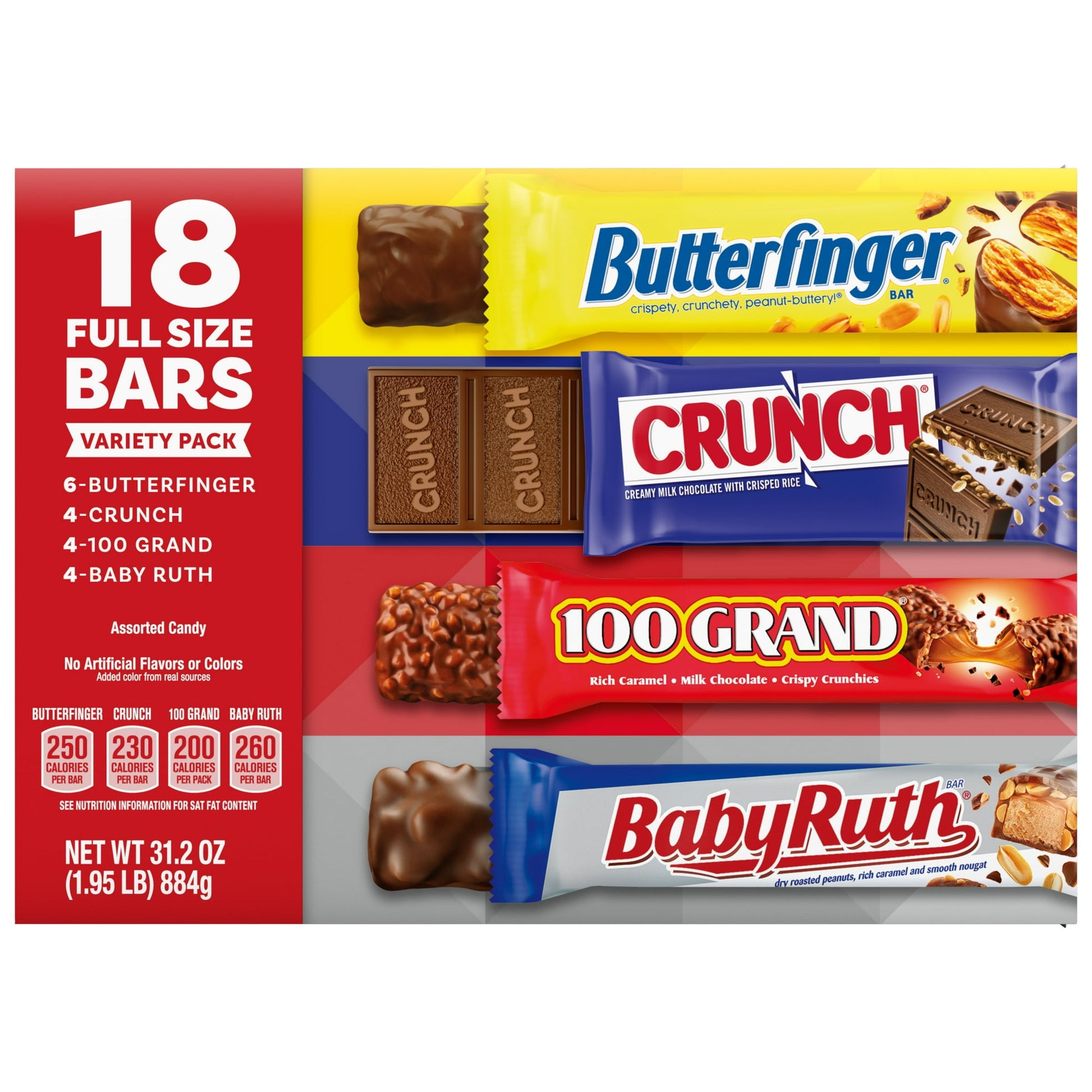 Enjoy the tasty variety of fan favorites like Butterfinger, CRUNCH, Baby Ruth and 100 Grand in this 18-count box of assorted Full Size candy bars. From peanut-buttery Butterfinger to the chewy, crunchy goodness of Baby Ruth and 100 Grand to the crispy texture of CRUNCH you love, these classic candy bars are individually wrapped. Great for savoring as a treat, reward or during an office break getaway, these candy bars also make the perfect candy to share with friends, family and coworkers. Grab a box of asso