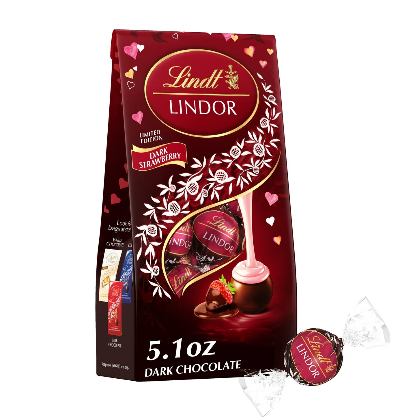 Remind friends or loved ones of how much they mean to you this Valentine's Day with Lindt LINDOR Strawberry Dark Chocolate Truffles. Packaged in a festive pink bag, these dark chocolate candy truffles are the perfect indulgence, and make a thoughtful gift on their own or the perfect pairing with flowers or a bottle of wine for your special someone. Inspired by dark chocolate covered strawberries, these Lindt LINDOR truffles are finely crafted with a delicate dark chocolate shell that envelops an irresistibl