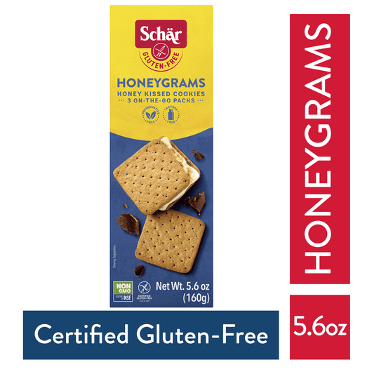 These Graham Style Schar Crackers are a delicious gluten free choice. Add chocolate and marshmallows to create tasty s'mores that the whole family will enjoy. Schar Honeygrams are gluten, wheat and lactose free, making them a healthy snack to eat, even for people with certain allergies. Eat them on their own, or use them as an ingredient in various desserts.