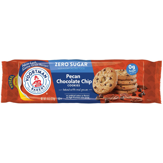 Introduce your taste buds to the heavenly hybrid of VOORTMAN Bakery Zero Sugar Pecan Chocolate Chip Cookies, where crunchy pecans meet rich and tasty chocolate chips. Made with delicious chocolate chips, these cookies are nice and crisp and come in a resealable package.With no added sugar, high-fructose corn syrup, or artificial colors or flavors, you get to enjoy a snack with truly uncompromised flavor. All that's missing is a glass of milk or whatever your favorite beverage may be. Sit down to enjoy unmat