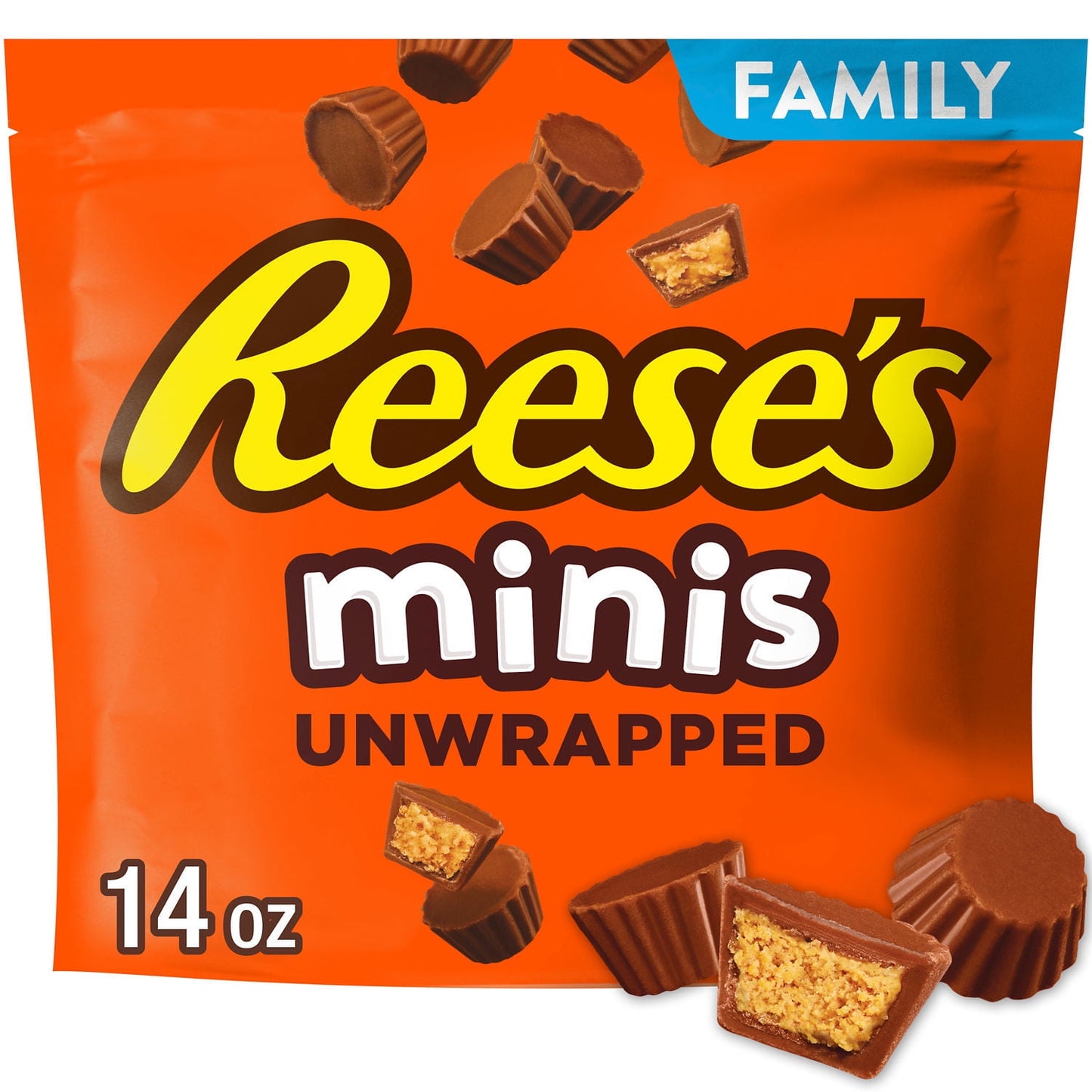 Don't let their small size fool you: REESE'S Minis milk chocolate peanut butter cups candies are huge on chocolate and peanut butter taste. Unwrapped and perfectly poppable, REESE'S Minis candies make a delicious anytime treat. Plus, this conveniently sized family pack ensures you'll have your favorite treats no matter where life leads you. You can even have this bag tag along with you as you begin a road trip adventure or enjoy a pick-me-up at the office.