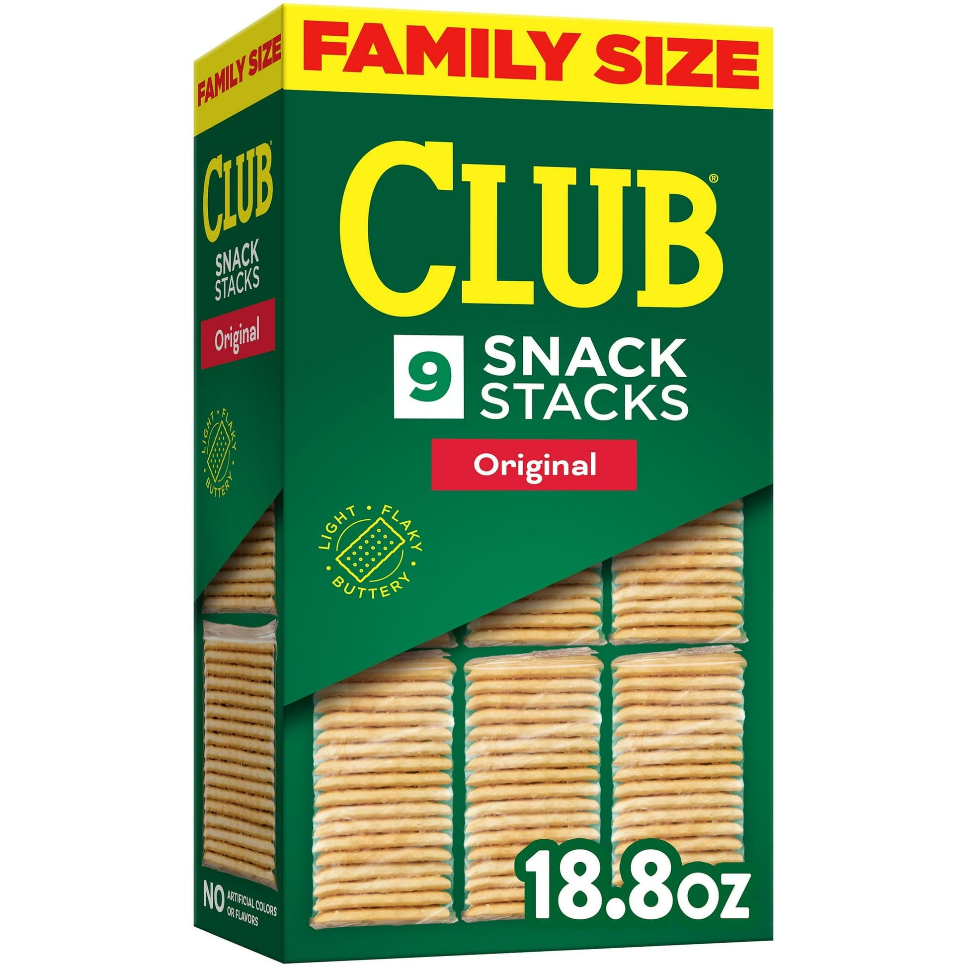 Savor light, flaky, buttery Club crackers wherever you go with on-the-go Snack Stacks. Perfect for packing in work bags and lunch totes, enjoy these crackers on their own or with cheese, dips, spreads or toppings. They're an easy win with no cholesterol (0.5g monounsaturated fat, 2g polyunsaturated fat), no saturated fat (3g total fat per serving), and made with no artificial colors or flavors; Stock irresistible, individually wrapped Club Snack Stacks crackers in your pantry as a fun, easy-to-grab treat fo