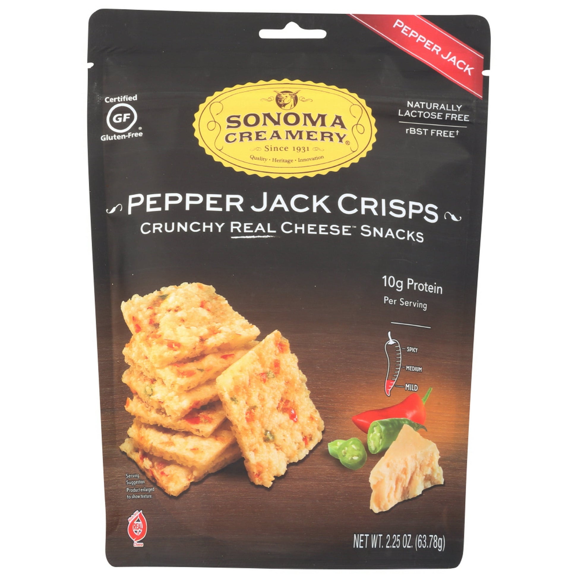 Low Carb Gluten Free Naturally Lactose Free Baked, Never Fried Sonoma Creamery Pepper Jack Crisps are a low carb, gluten free crunchy cheese snack