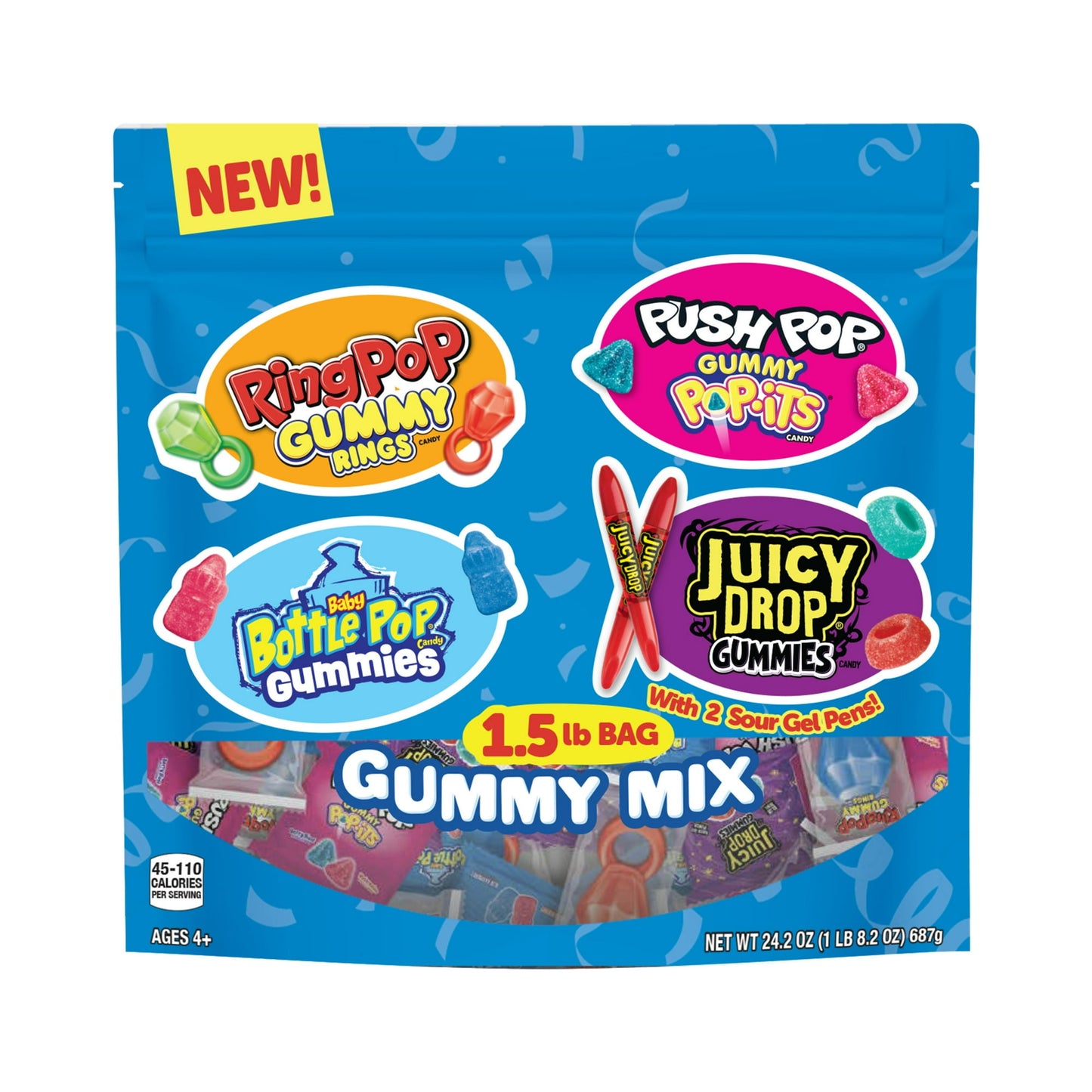 Discover the ultimate party favorite with our 1.5-pound Gummy Candy Variety Pack! Featuring beloved candy brands such as Ring Pop Gummy Rings, Push Pop Gummy Pop-iTs, Baby Bottle Pop Gummies, and Juicy Drop Gummies, this bag is bursting with fun and flavor. Perfectly portioned into approximately 52 small gummy candy packages, it's ideal for birthday parties, pinata fillers, and goodie bag treats. Stock your pantry for convenient snacking or grab these fun-sized treats for on-the-go enjoyment. Choose our Gum