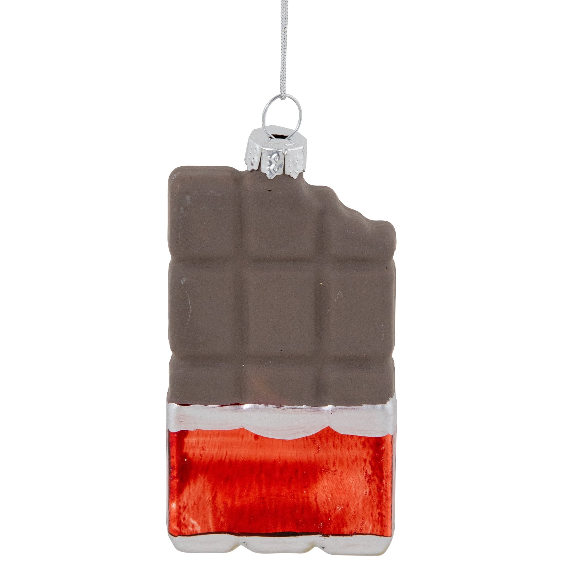 Add a sweet touch of nostalgia to your Christmas tree with this candy bar glass ornament. This ornament features a classic chocolate candy bar with a red and silver, open wrapper design. Hang it on your tree and let its mouthwatering appeal add a dash of indulgence to your holiday decor. Whether you're a chocoholic or simply looking for a unique ornament that will bring smiles to all, this delectable delight is sure to be a treat for your eyes during the most wonderful time of the year. Product Features: Gl