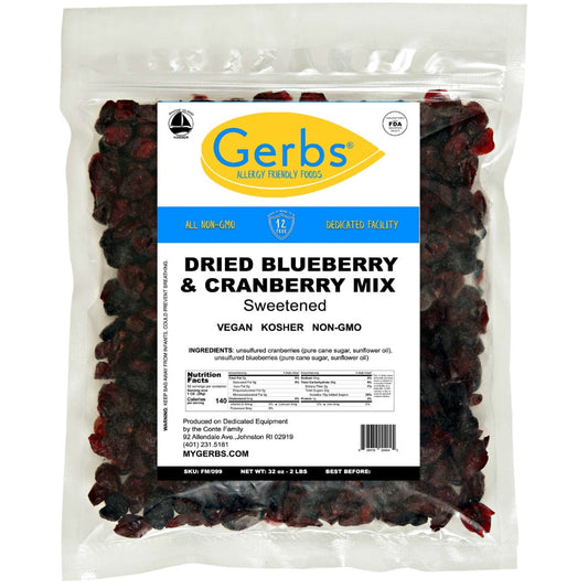 Dried blueberry & cranberry fruit mix was sourced by the Buyers at Gerbs who partner with the world’s top dedicated Natural, non-GMO, and Organic farms that harvest in dedicated facilities on dedicated equipment so there is no risk of the top food allergen’s and/or cross-contamination. Our goal is to give the Allergy Community relief in the battle of living with food allergies. Gerbs Dried Fruits do not contain any harmful cancer-causing preservatives. They are unsulphured/SO2 Free, Potassium Sorbate Free, 