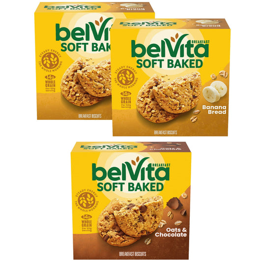 belVita Soft Baked Breakfast Biscuits are the wholesome breakfast biscuits you enjoy minus the crunch. Specially baked, these Banana Bread and Oats & Chocolate chewy breakfast bars are made with wholesome grains and contain slow-release carbs that break down gradually in the body to deliver steady energy all morning long. Each 50g serving contains 14g of whole grain and 4g of fiber with no high-fructose corn syrup and no artificial colors or flavors.