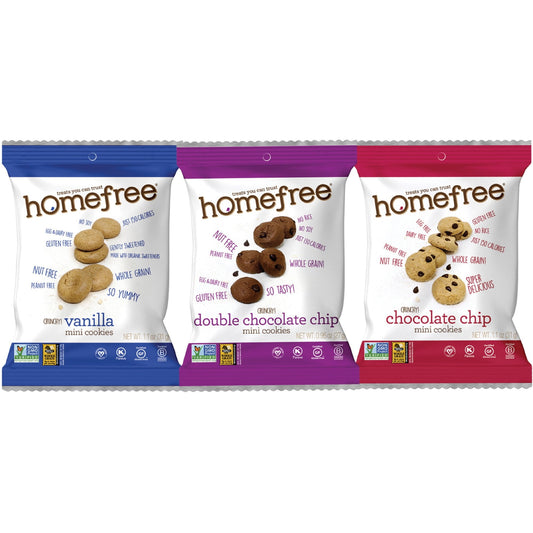 Homefree Mini Cookie Variety Pack - Dairy-free, Tree-nut Free, Peanut-free, Gluten-free, Low Sodium, Trans Fat Free, Cholesterol-free, Egg-free - Vanilla, Chocolate Chip - 30 / Carton. Cookies variety pack features vanilla mini cookies, double chocolate chip mini cookies and chocolate chip mini cookies to offer a wider selection to satisfy your sweet tooth. These cookies are free of peanuts, tree nuts, eggs and dairy. They also are certified gluten-free, low sodium, and have no trans fat or cholesterol. Coo