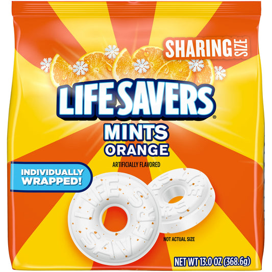 Enjoy your favorite classic minty treat with LIFE SAVERS Mints Orange Mint Hard Candy. This iconic minty candy is a refreshing way to build confidence before that big presentation or first date. Each individually wrapped mint is packed with a rush of satisfying citrus flavor to help keep you feeling fresh. Each bulk candy bag contains enough mints to share in a candy dish at home or at the office. Guests will love to find their favorite mint. LIFE SAVERS Mints are A Hole Lot O Fun! Allergens Not Contained.