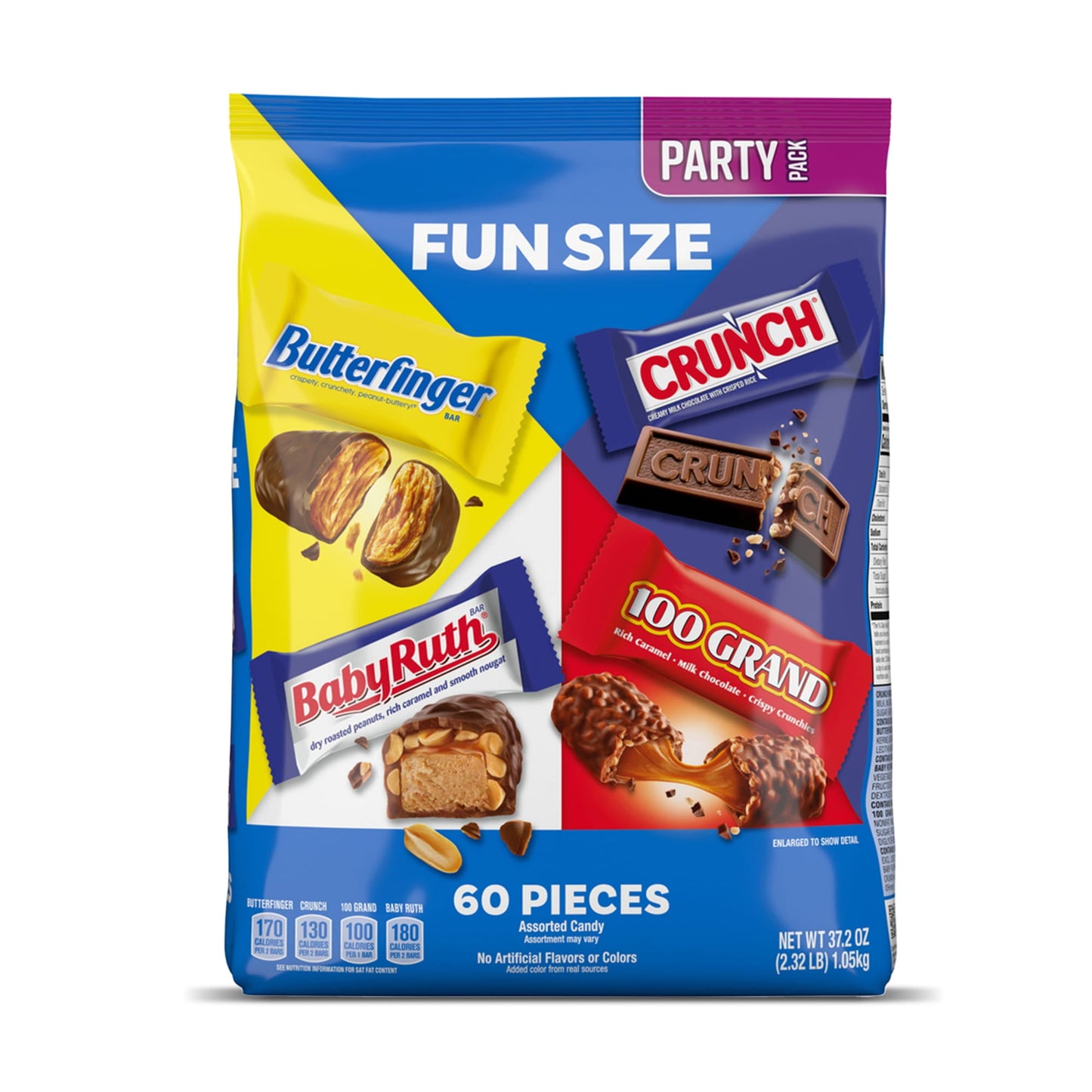 Enjoy the tasty variety of fan favorites like Butterfinger, CRUNCH, Baby Ruth and 100 Grand in this 60-count bag of Fun Size candy bars. Discover a variety of chocolatey candy bars that are perfectly classic and delicious. From peanut-buttery Butterfinger to the chewy, crunchy goodness of Baby Ruth and 100 Grand to the crispy texture of CRUNCH, these classics are great for savoring as a treat, reward or during an office break getaway. These Fun Size bars are also perfect for sharing. Butterfinger, CRUNCH, B