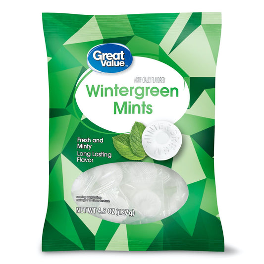 Keep your candy bowl stocked with these tasty Great Value Wintergreen Mints. Individually wrapped, these mints have a long-lasting flavor and leave your mouth feeling fresh. Pour them into a bowl with your favorite hard candies or pack some in your bag to freshen up after a dinner out with family and friends. There are about 32 fat-free mints per package, so you'll have plenty to share with everyone. Savor the sweet freshness of Great Value Wintergreen Mints.Great Value products provide families with afford