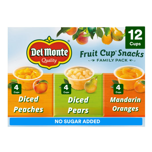 Del Monte Family Size No Sugar Added Fruit Cup Snacks, 4 oz (Pack of 12) are packed with delicious fruit in naturally sweetened water for a snack you can feel good about. This Del Monte Variety Pack contains diced peaches, diced pears and mandarin oranges, conveniently packaged for a quick, on the go snack with no sugar added. Easily pack Del Monte mixed fruit variety snacks in a lunchbox for a tasty school snack, or grab a few to take on a weekend trip with the family. Bring goodness to your table with Del