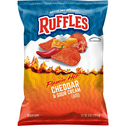 Ruffles is famous for two things: the ridges on our chips, the fact that we’re the Official Chip of the NBA, and the best chip flavors the game has ever tasted. Okay, so maybe it’s three things. The classic cheddar & sour cream kicked up by FLAMIN' HOT - all coated liberally on a Ruffles potato chip. Grab a bag of Frito-Lay Brands iconic Potato Chips, for when your next craving hits or wherever your next adventure takes you! These packs are Shelf-Stable for easy snacking. The pack is in a plastic film conta