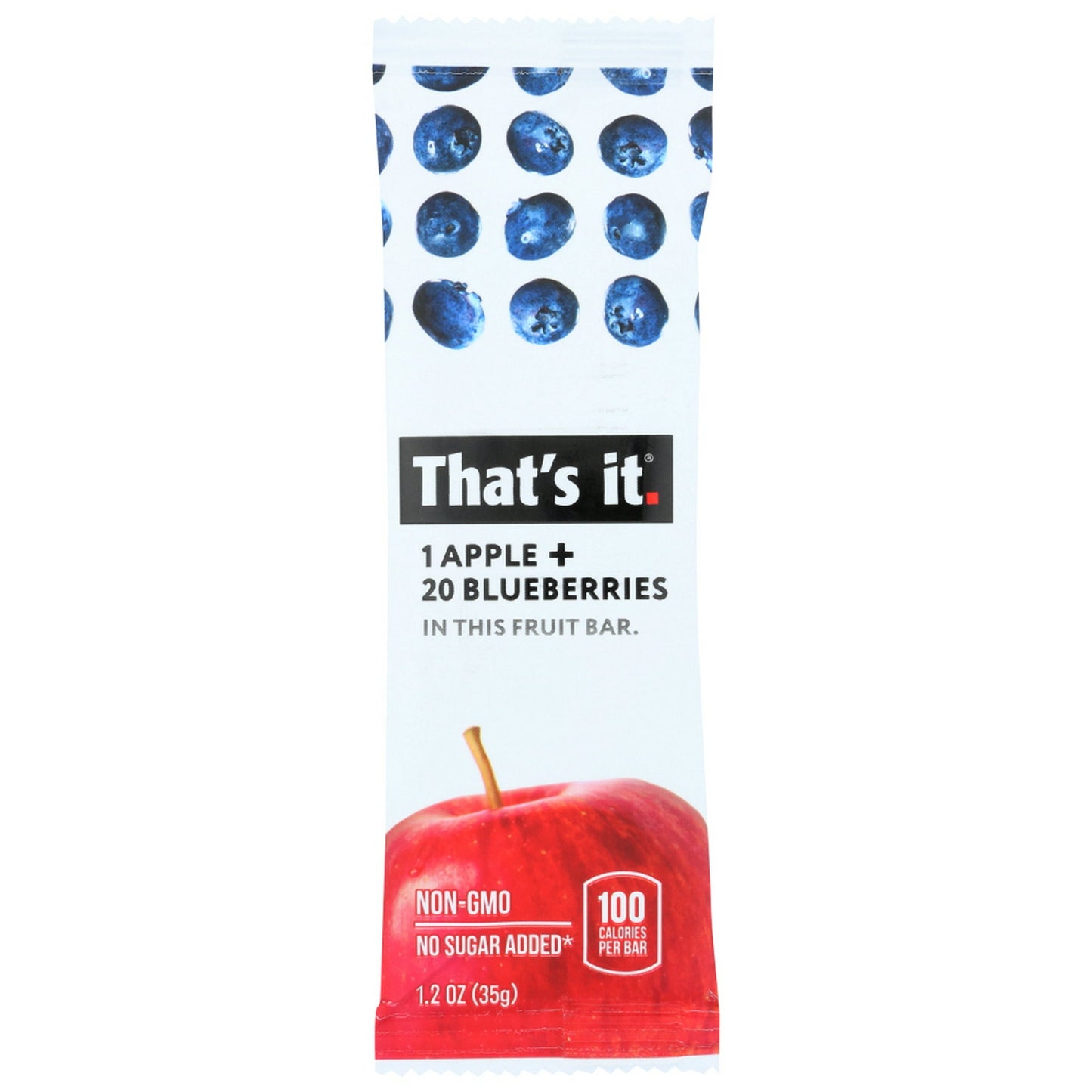 THAT'S IT APPLE + BLUEBERRY FRUIT BAR IS ALL NATURAL AND RAW, MADE SOLELY FROM APPLES AND BLUEBERRIES, WITH NO SUGAR ADDED. EACH 1.2 OZ. BAR CONTAINS 100 CALORIES, 19 G. OF SUGAR AND 4 G. OF DIETARY FIBER. OUR FRUIT BAR IS CERTIFIED GLUTEN-FREE, KOSHER-PARVE, NATURAL FOOD CERTIFIED AND NON-GMO PROJECT VERIFIED.