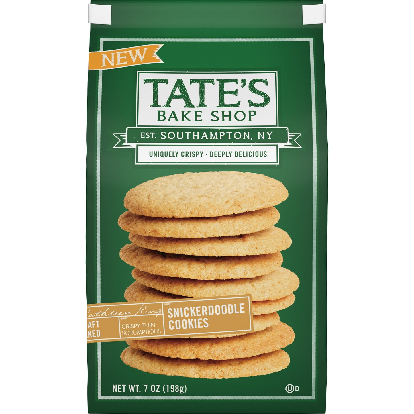 Tate's Bake Shop Snickerdoodle Cookies are a tasty, crispy cinnamon sugar cookie classic. These kosher cookies have a delightfully light, crisp texture perfect for sharing or savoring by yourself. Pair these baked cookies with your favorite cup of coffee or ice cream to create a delicious ice cream sandwich. Each bag is sealed to help maintain the signature crispness and buttery deliciousness of Tate's Bake Shop cookies.