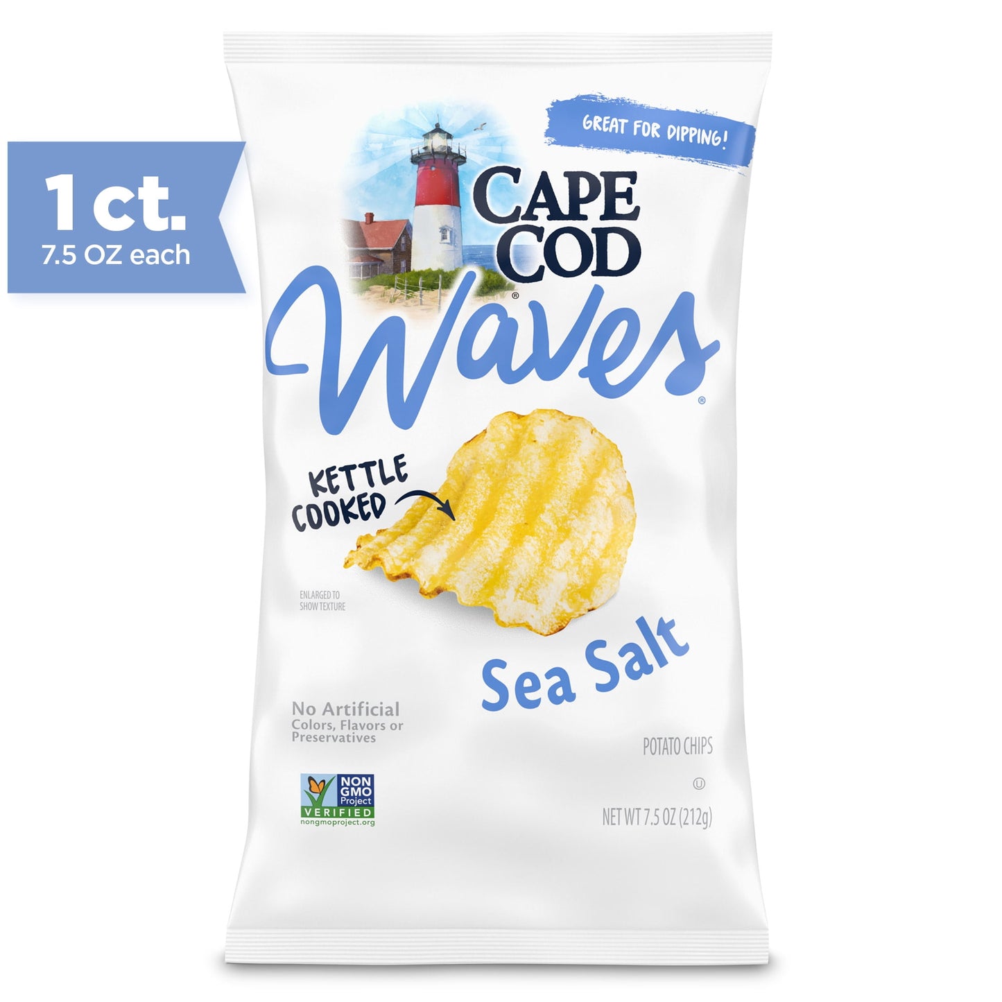 Cape Cod Wavy Cut Sea Salt Kettle Cooked Chips are making waves with this delicious snack. It all begins with potatoes, oil, and sea salt. We take choice potatoes and slice them thick, in a wavy cut with deep ridges. They’re cooked one, small batch at a time in custom kettles at precisely at the right temperature until they reach a golden-amber hue. The result is a sturdy ridged chip that is hearty as it is delicious. The unique wave shape of these kettle chips is crafted to hold up to dip. These chips make