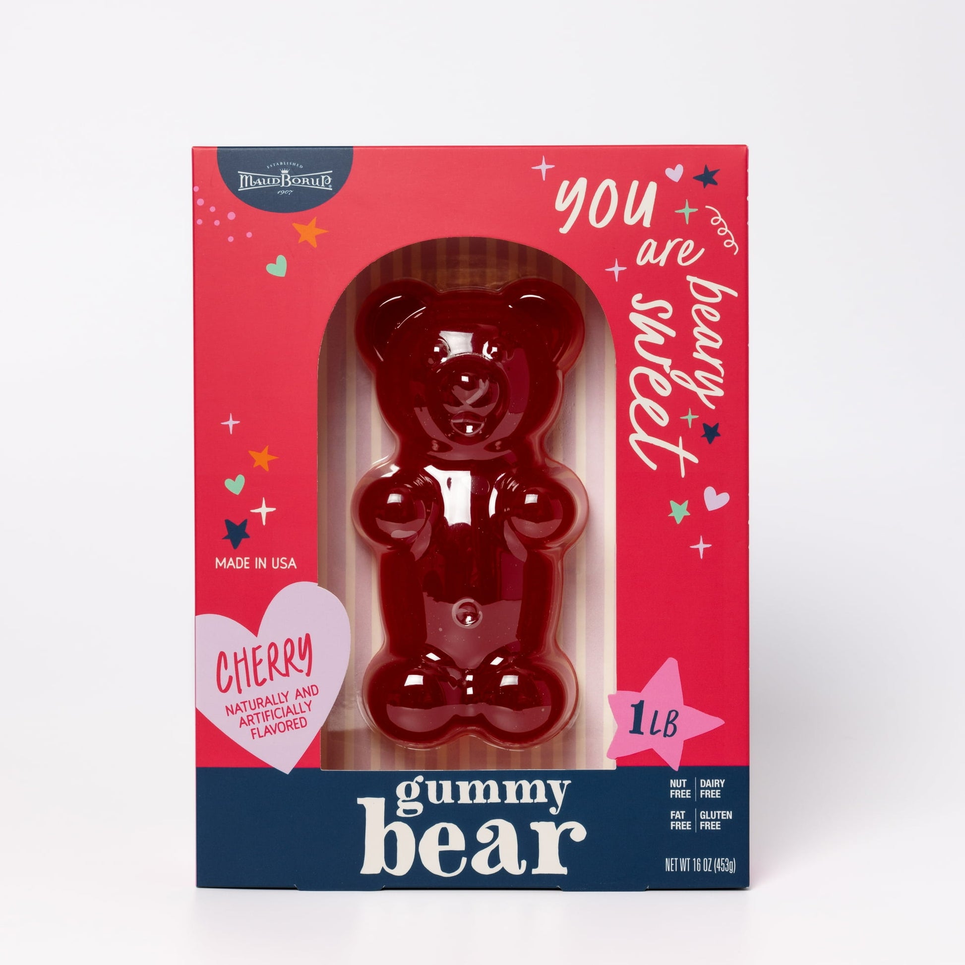 Good things come in Maud Borup packages, and this 1 lb cherry gummy bear is no exception. Skip the Teddy Bear and go for the gummy instead – that's what your valentine will truly love. Nut-free,??dairy-free, fat-free, gluten-free, full of fun, and .??What's not to love?