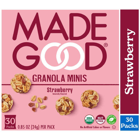 MadeGood Strawberry Granola Minis. We believe that good food is for everyone. It's why we source organic ingredients and bake our delicious snacks in an allergen-free facility. We work hard as a company to put sustainability first to support our environment. It takes rigor to rewrite the rules, but the future is worth it. Small bites, mighty flavors. Granola Minis are the perfect any-time snack that both kids and grown-ups love. It's not magic, it's masterful baking that's vegan, gluten-free, and with hidde