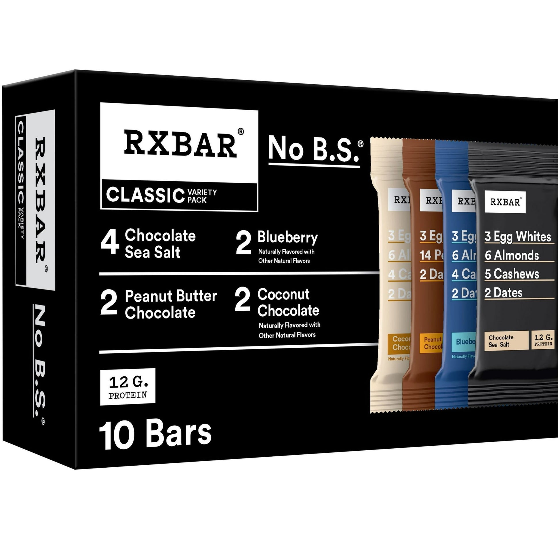 Simple, delicious ingredients make RXBAR protein bars a satisfying way to fuel your day. These wholesome protein bars are filled with ingredients you can recognize. This variety pack includes Peanut Butter Chocolate, Blueberry, Chocolate Sea Salt, and Coconut Chocolate flavors. Each snack bar is made with egg whites for protein, crunchy nuts, with dates to bind it all together, and no B.S. Enjoy the taste of real ingredients that will crush any sweet cravings you have during the day; Just the right amount t