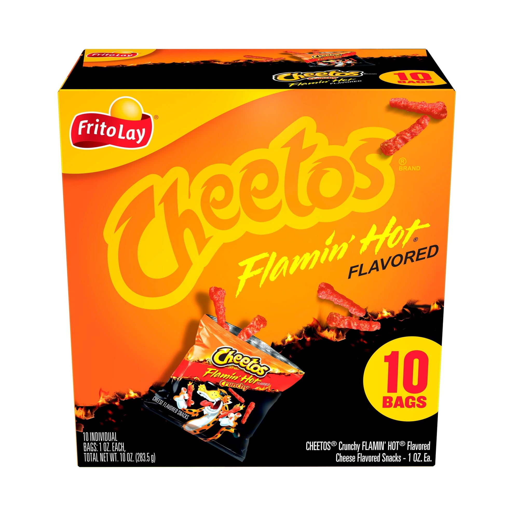 Hot, spicy flavor packed into crunchy, cheesy snacks. CHEETOS® Crunchy FLAMIN’ HOT® Cheese Flavored Snacks are full of flavor and made with real cheese. Indulge in the bold and irresistible flavor of Cheetos Crunchy Cheese Flamin' Hot Flavored Puffed Snack Chips! Each bite delivers a perfect blend of cheesy goodness and fiery heat, making it the ultimate snack for spice lovers. The crunchy texture adds to the fun, ensuring every handful is a satisfying experience.