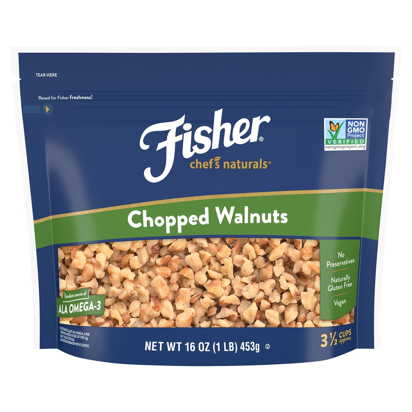 Contains 16 ounces of chopped walnuts. 16 ounces = 3 1/2 cups Fisher walnuts add an earthy, fruity, and mildly tart flavor and tender texture to breakfasts and desserts, appetizers and salads, and meats and dips No Preservatives, naturally gluten free, Non-GMO Project verified, American Heart Association certified*, vegan, and an Excellent source of ALA Omega-3 Grown in Northern California Fisher’s Freshness Seal locks in flavor and re-seals the signature stand-up bag to keep nuts fresh even after opening