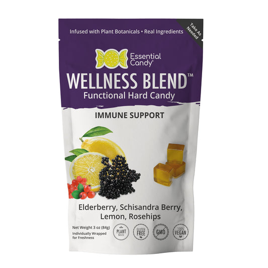 Wellness Blend™ Functional Hard Candy: Natural Immune Support Boost your wellness with our Wellness Blend™ Functional Hard Candy. Made with organic ingredients, this candy includes elderberry, lemon, schisandra berry, and rosehips. Elderberry supports your immune system, while lemon adds a fresh citrus flavor. Schisandra berry and rosehips offer extra natural support. These candies are gluten-free, non-GMO, vegan, and soy-free. There are no artificial flavors, colors, sweeteners, or preservatives. Each 3 oz