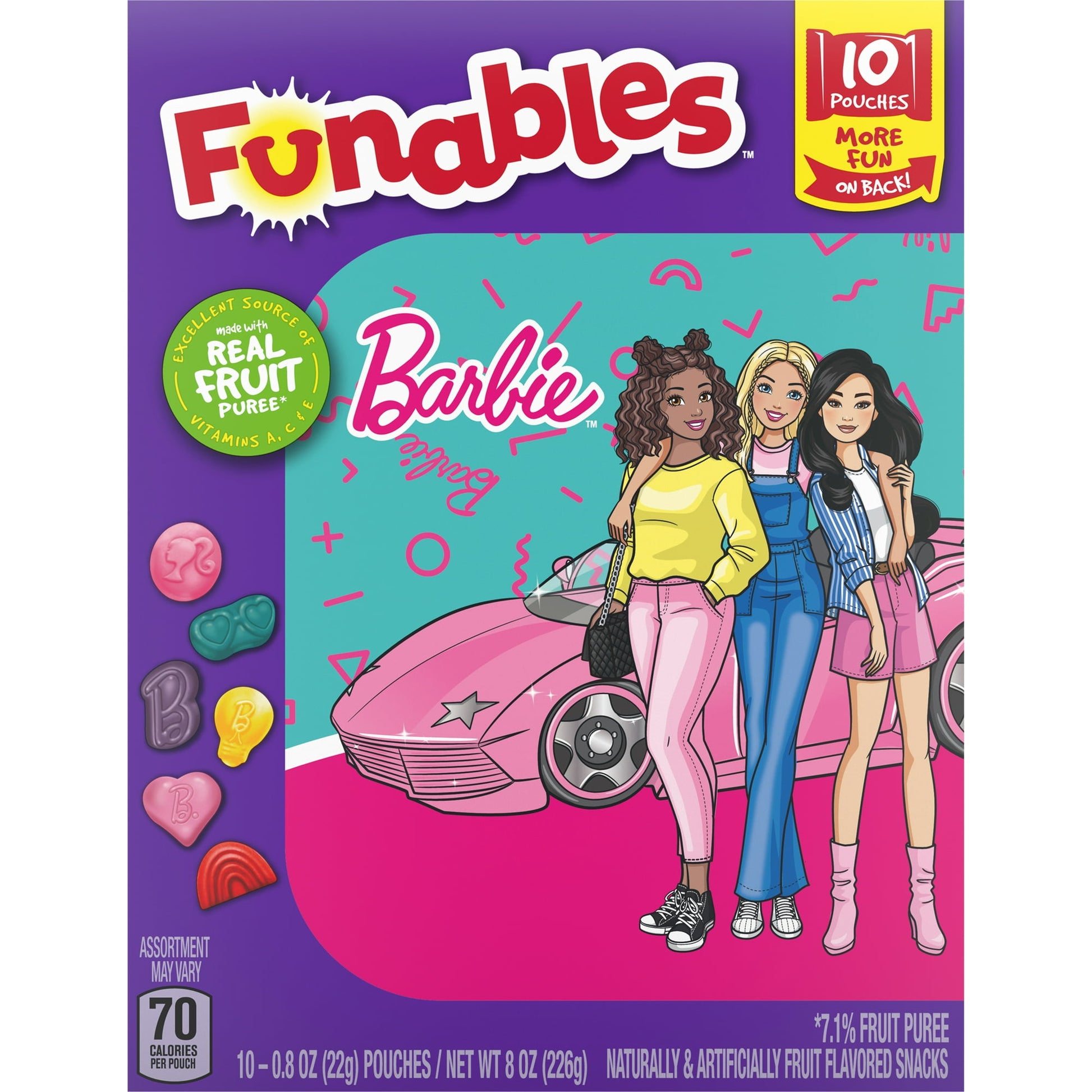 Funables Fruity Flavored Snacks – are bringing you snacks of the most berry delicious family-sized proportions. Each box includes an assortment of 10 individually wrapped 0.8-ounce pouches of gummy fruit snacks. Every little bag you open has a delicious variety of fruit-flavored snacks inside waiting to be discovered and picked by you. What flavor do you think your favorite berry gummy will be? As you try them all, chew on this. These chewy, fruity gummies are made with 7.1% real fruit puree. They're fat fr