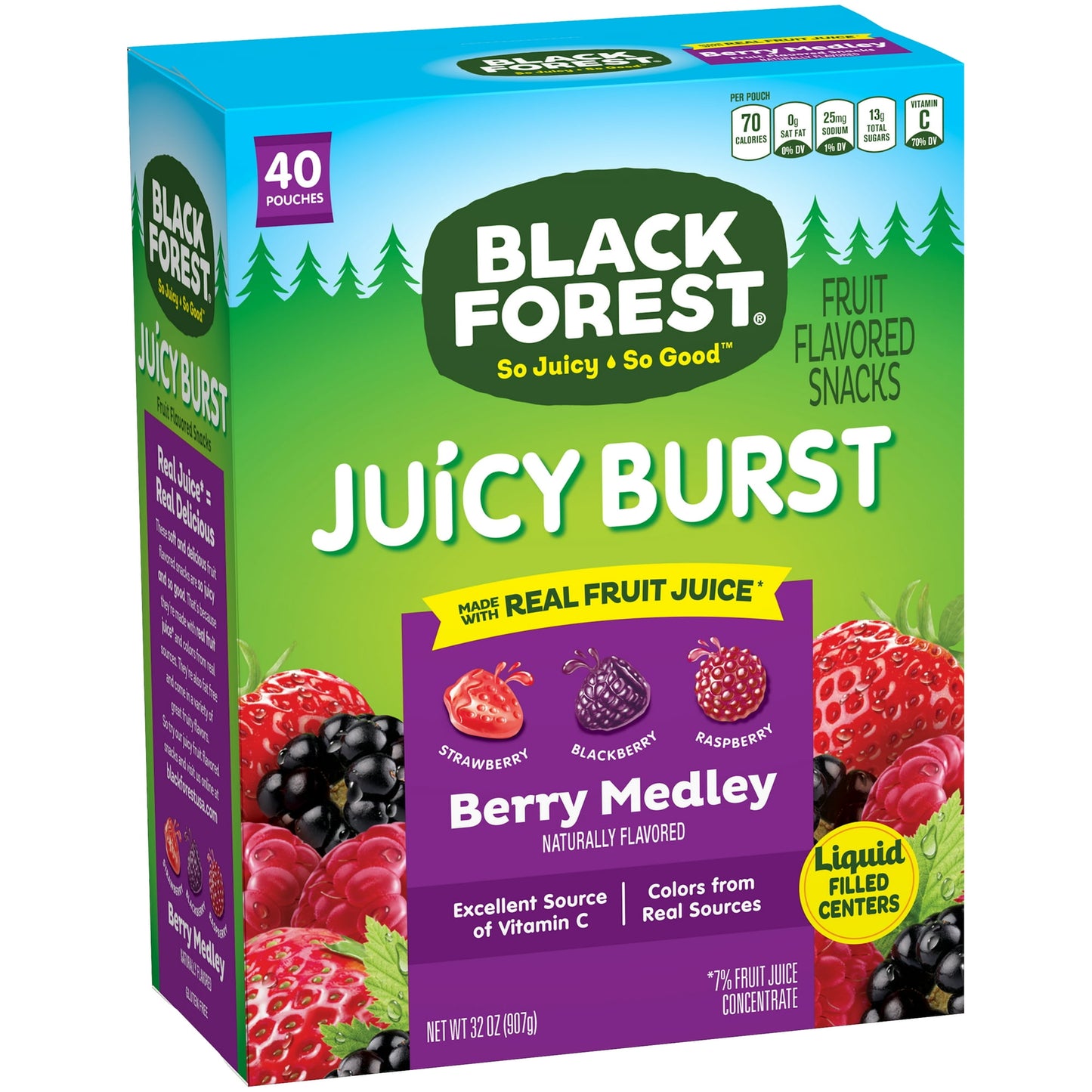 Who can pick between the strawberry, raspberry and blackberry flavored gummies? They're all delicious. And they're in every pouch of Black Forest Berry Mix Fruit Flavored Snacks. These juicy filled snacks provide 100% daily value of Vitamin C. As every pouch is packed with real fruit juice, the Berry Mix gummies deliver big-time deliciousness. Black Forest thinks you deserve the best…of everything. That’s why we make mouth-watering fruit flavored snacks using only the most thoughtful, premium ingredients, a