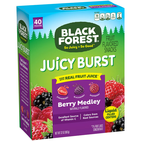 Who can pick between the strawberry, raspberry and blackberry flavored gummies? They're all delicious. And they're in every pouch of Black Forest Berry Mix Fruit Flavored Snacks. These juicy filled snacks provide 100% daily value of Vitamin C. As every pouch is packed with real fruit juice, the Berry Mix gummies deliver big-time deliciousness. Black Forest thinks you deserve the best…of everything. That’s why we make mouth-watering fruit flavored snacks using only the most thoughtful, premium ingredients, a