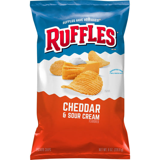 A blend of rich, velvety cheddar with smooth, creamy sour cream flavor. Dive into the bold and delicious taste of Ruffles Potato Chips in Cheddar & Sour Cream flavor! Each 8-ounce bag is packed with thick, ridged chips that deliver a satisfying crunch with every bite. The savory combination of rich cheddar cheese and creamy sour cream creates a flavor explosion that's perfect for snacking. Whether you're hosting a party, enjoying a movie night, or just craving a tasty treat, these Ruffles are ideal for dipp