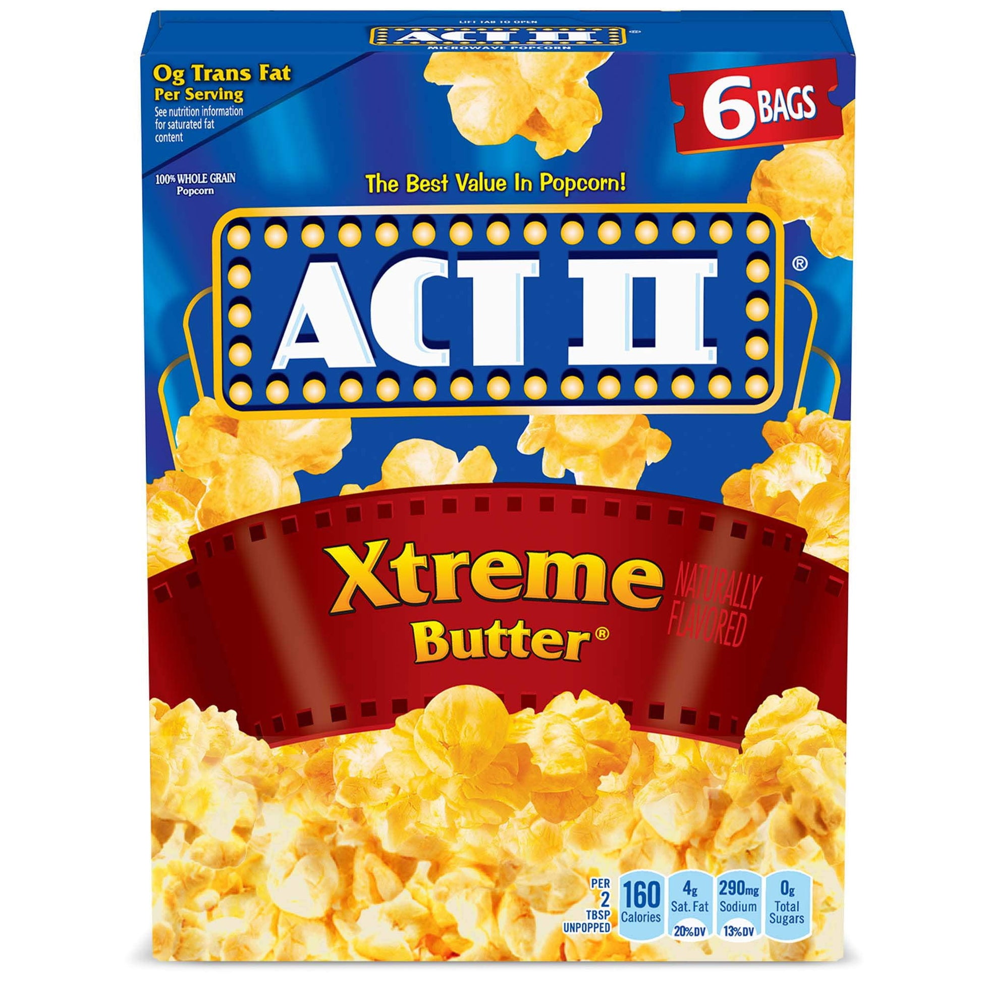 Extreme butter lovers know there's no such thing as too much butter, so purchase ACT II Xtreme Butter Popcorn for a warm, savory treat. Each box contains six bags of microwave popcorn, made with 100% whole grain popcorn kernels, 0 grams of trans fat and high-impact butter flavor. Serve this extra buttery popcorn at your next party or gathering, or keep that buttery goodness all to yourself. Choose ACT II Xtreme Butter Popcorn for the best value in popcorn.